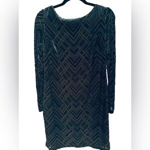 Vince Camuto dark teal green velvet Chevron Dress, sheer sleeves, lined sz12